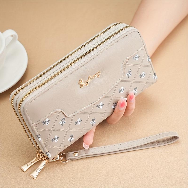 1pc, Embroidery Multi-Functional Women's Wallet with Wristband, Casual Style, Pu Material, Double Zipper, Thickened Design, Multi-One Card Slot, Mobile Phone Bag