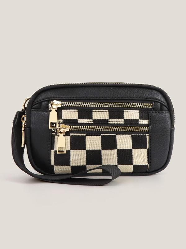 Women's Solid Color & Checkerboard Pattern Zipper Wristlet, Fashionable Pu Leather Wristlet for Daily Used, Casual Versatile Mini Coin Purse for Women & Men