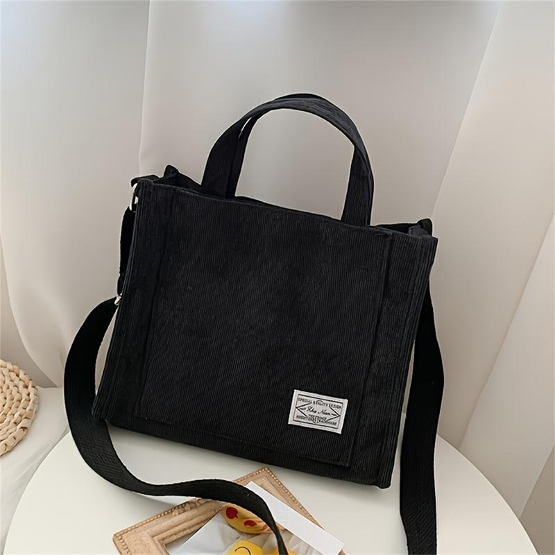 1pc Stylish Corduroy Letter Patch Tote Bag - Square Crossbody Shoulder Bag with Decorative Stitching and Soft Lining - Perfect for Daily Use and Travel