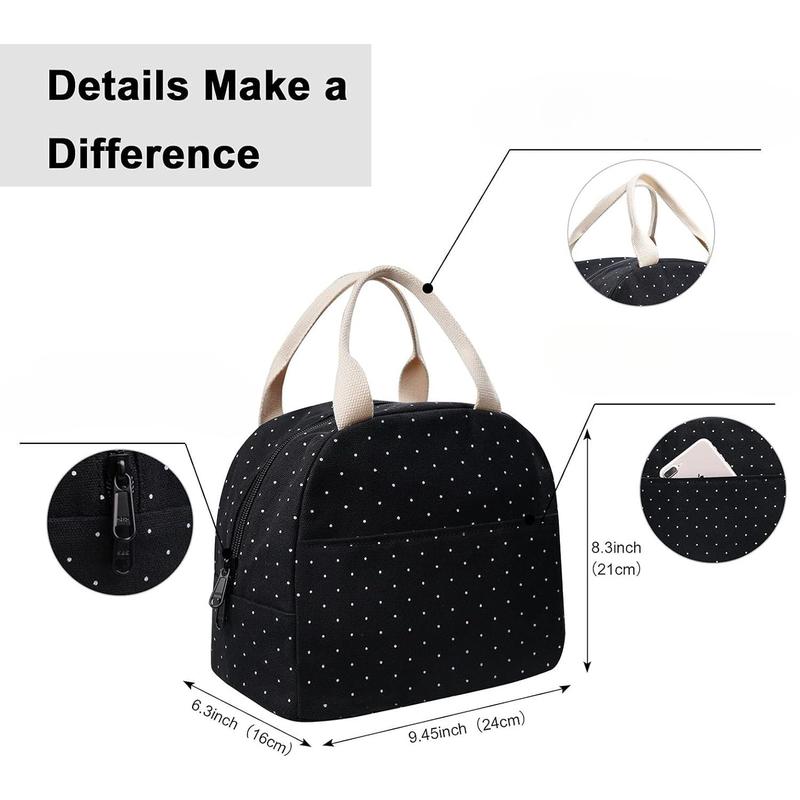 Upgraded Compact Black Lunch Bag for Teen Girls Women,Canvas Reusable Polka Dot Lunch Tote Box Bag for Work School