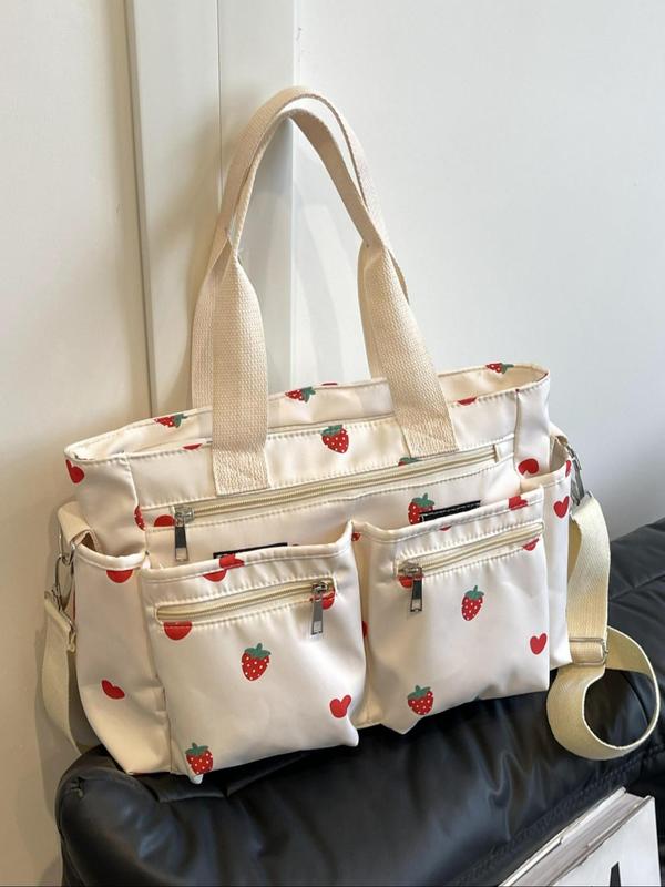 Women's Cute Strawberry Pattern Tote Bag, Large Capacity Shoulder Bag for Daily Used, Casual Trendy Versatile High-quality Daily Commuting Bag, Girl Fashionable Shopping Bag