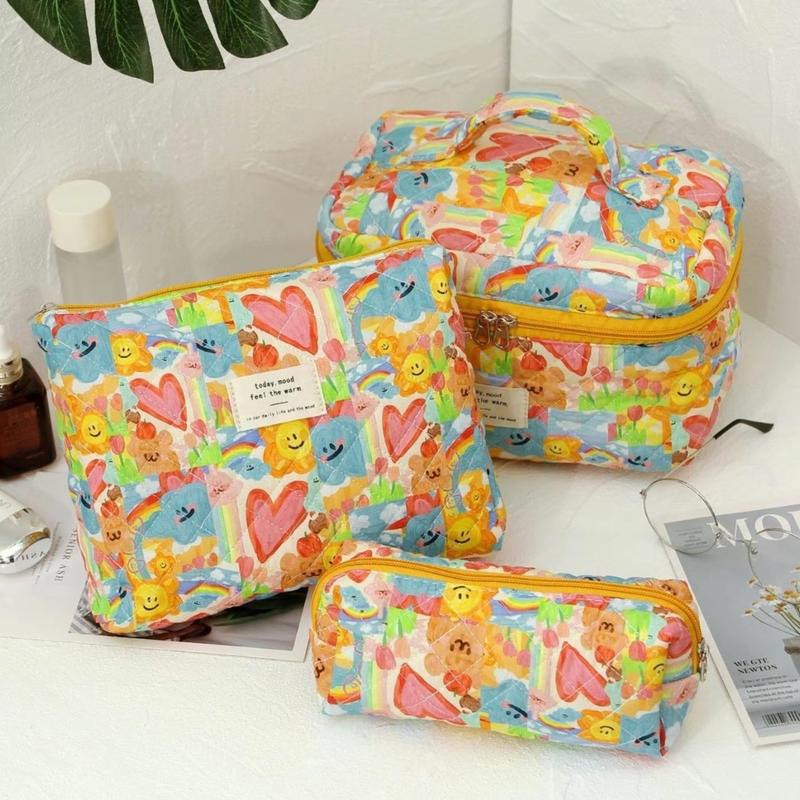 3Pcs Cotton Quited Makeup Bag Set, Quilted Makeup Bag, Large Floral Cosmetic Bag for Women, Cute Cotton Makeup Bags, Flower Travel Toiletry Organizer Bag makeupbag set lip balm