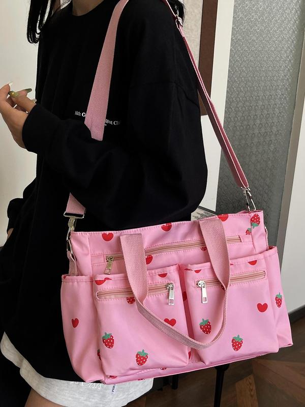 Women's Cute Strawberry Pattern Tote Bag, Large Capacity Shoulder Bag for Daily Used, Casual Trendy Versatile High-quality Daily Commuting Bag, Girl Fashionable Shopping Bag