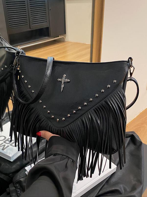 Women's Street Style Cross & Studded Design Crossbody Bag, Trendy Tassel Decor Large Capacity Shoulder Bag, Fashionable Crossbody Bag for Daily Use