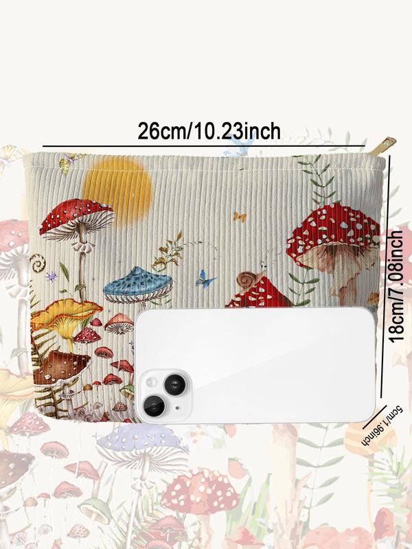 Cute Mushroom & Butterfly Pattern Makeup Bag, Multifunctional Large Capacity Cosmetic Storage Bag, Zipper Corduroy Makeup Bag for Travel & Daily Use, Fall Outfits, Fall Freshness