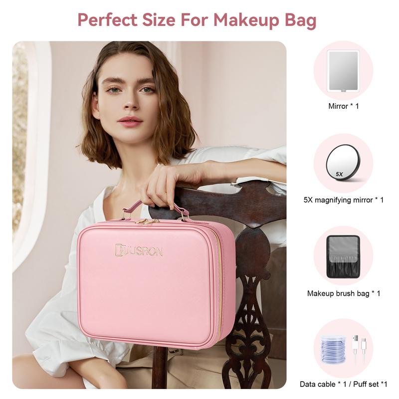 Christmas Gifts JUSRON Makeup Bag with Mirror and Light Travel Cosmetic Bag Makeup Gifts with 3 different Lights and Adjustable Brightness and Dividers