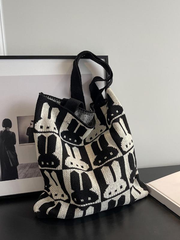 Women's  Colorblock Rabbit Pattern Tote Bag, Casual Large Capacity Shoulder Bag for Daily Used, Matching Slip on Knitting School Bag for School & Office