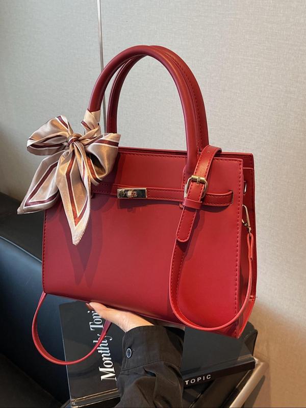 Women's Elegant Bowknot Decorated Handbag, Fashionable Solid Color PU Leather Satchel with Scarf, Casual Trendy Versatile High-quality Daily Commuting Bag