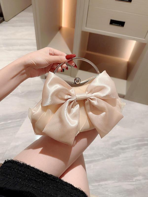 Summer Elegant Solid Color Bow Design Top Handle Bag with Chain Strap, Women's Evening Bag for Party Wedding