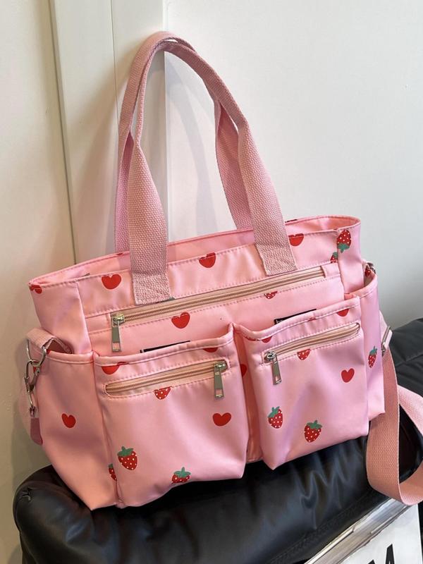 Women's Cute Strawberry Pattern Tote Bag, Large Capacity Shoulder Bag for Daily Used, Casual Trendy Versatile High-quality Daily Commuting Bag, Girl Fashionable Shopping Bag