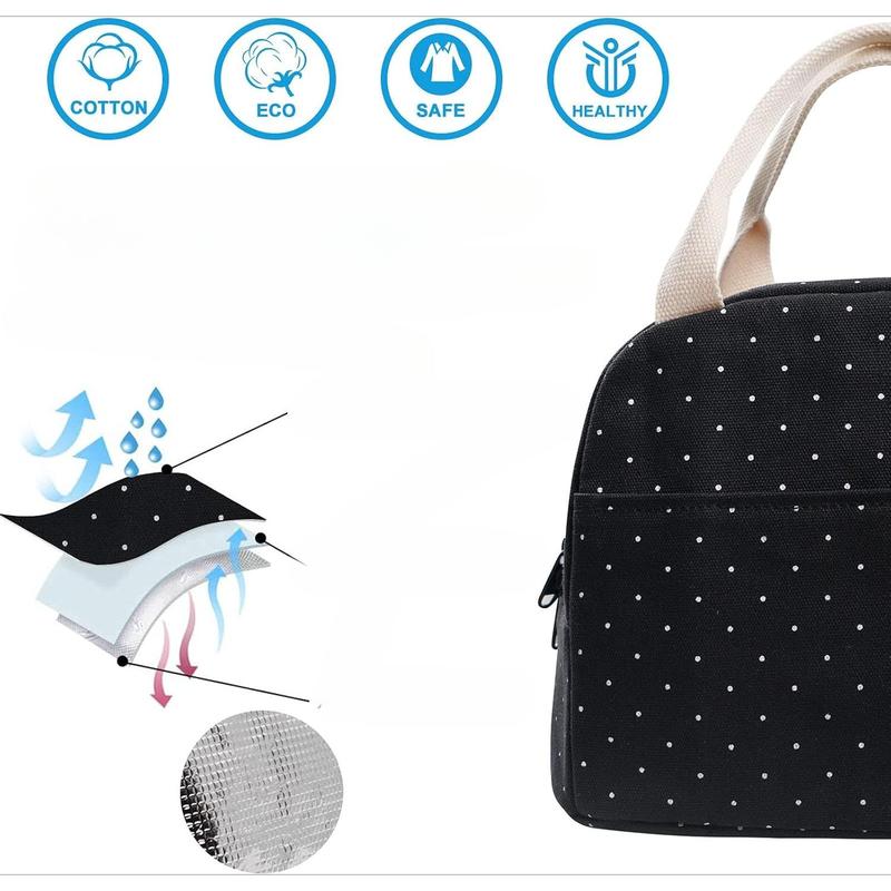 Upgraded Compact Black Lunch Bag for Teen Girls Women,Canvas Reusable Polka Dot Lunch Tote Box Bag for Work School