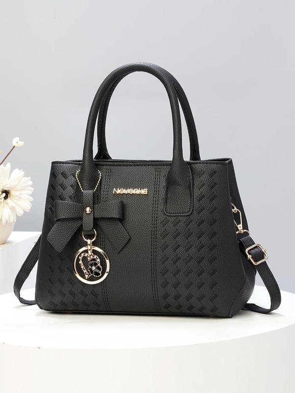 Women's Elegant Plain Quilted Handbag, Trendy Large Capacity Tote Bag with Bowknot Charm, Fashionable Crossbody Bag for Daily Use