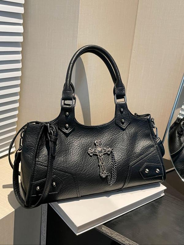 Women's Elegant Retro Cross Charm Decorated Tote Bag, Fashionable Large Capacity Shoulder Bag for Work & Daily Used, Casual Trendy Versatile High-quality Daily Commuting Bag