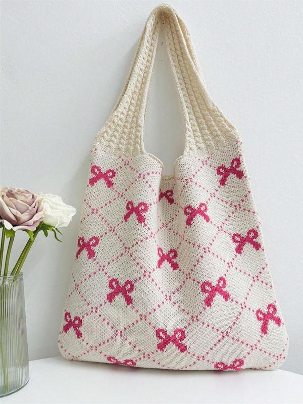 Women's 2024 Summer Bowknot Pattern Crochet Shoulder Bag for Gift, Fashionable Tote Bag for Daily Everyday Beach Vacation Used, Casual Trendy Versatile High-quality Daily Commuting Bag, Fall Outfits, Fall Freshness Fall