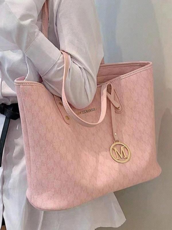 Fashionable Letter Pattern Tote Bag with Letter Bag Charm, Casual Large Capacity Shoulder Bag for Women, All-match Basic Commuter Bag for Daily Used