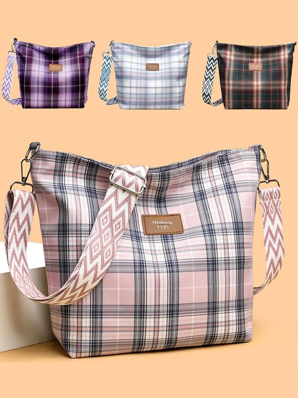 Women's Fashionable Plaid Pattern Crossbody Bag, Casual Versatile Letter Label Decorated Shoulder Bag for Daily Commute & Travel, Trendy All-match Commuter Bag