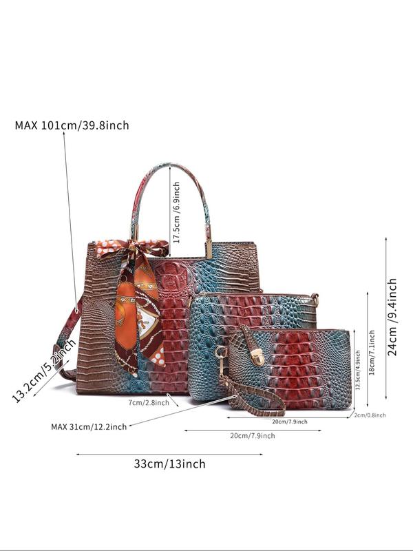 Fashionable Crocodile Embossed Tote Bag & Clutches & Wristlets & Square Organizer Crossbody Bag, Fashionable Bag Set for Summer Daily Use