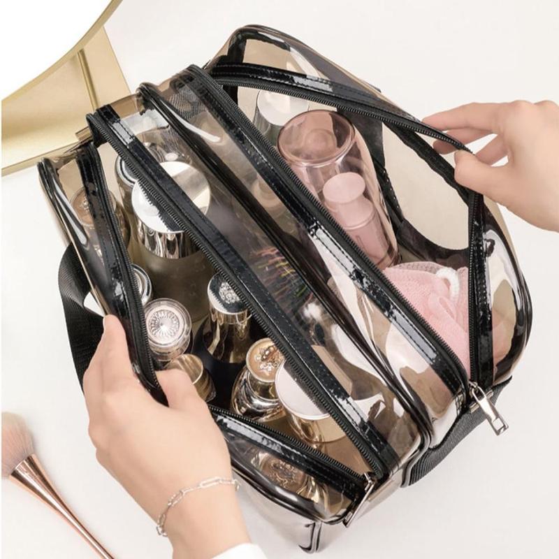 Clear Double-layer Travel Makeup Bag, 1 Count Large Capacity Portable Cosmetic Bag Toiletry Bag, Makeup Organizer, Wet & Dry Uses Zipper Makeup Pouch, Back To School, Christmas Gift