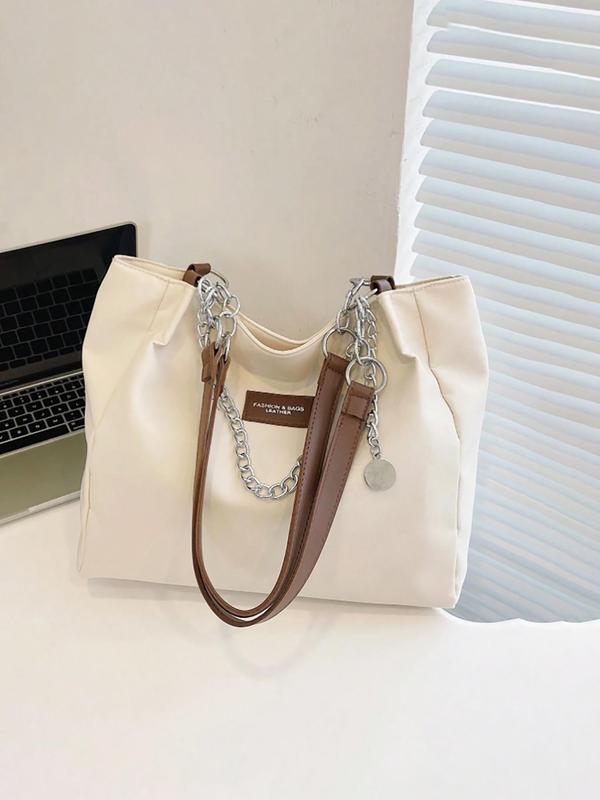 Women's Solid Letter Patch Chain Decor Tote Bag, Casual Large Capacity Shoulder Bag for Daily Used, Casual Trendy Versatile Commuting Bag for Work & School