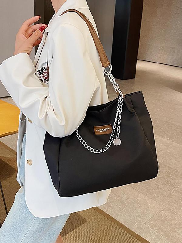 Women's Solid Letter Patch Chain Decor Tote Bag, Casual Large Capacity Shoulder Bag for Daily Used, Casual Trendy Versatile Commuting Bag for Work & School