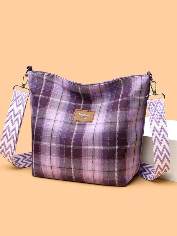 Women's Fashionable Plaid Pattern Crossbody Bag, Casual Versatile Letter Label Decorated Shoulder Bag for Daily Commute & Travel, Trendy All-match Commuter Bag