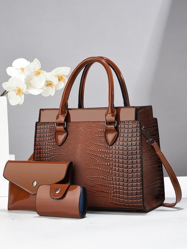 Women's Fashion Crocodile Embossed Handbag Set, Casual Versatile Shoulder Bag with Small Wallet & Coin Purse, Trendy All-match Crossbody Bag for Daily Use, Bags for Women