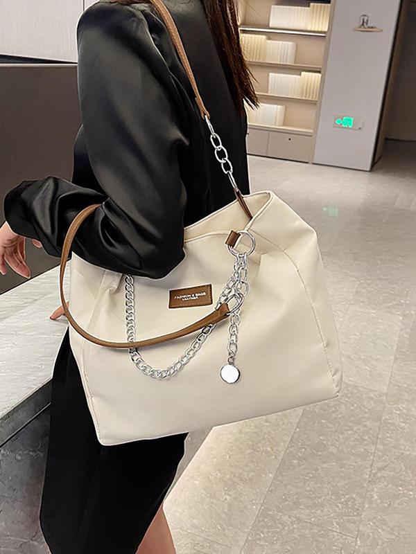 Women's Solid Letter Patch Chain Decor Tote Bag, Casual Large Capacity Shoulder Bag for Daily Used, Casual Trendy Versatile Commuting Bag for Work & School