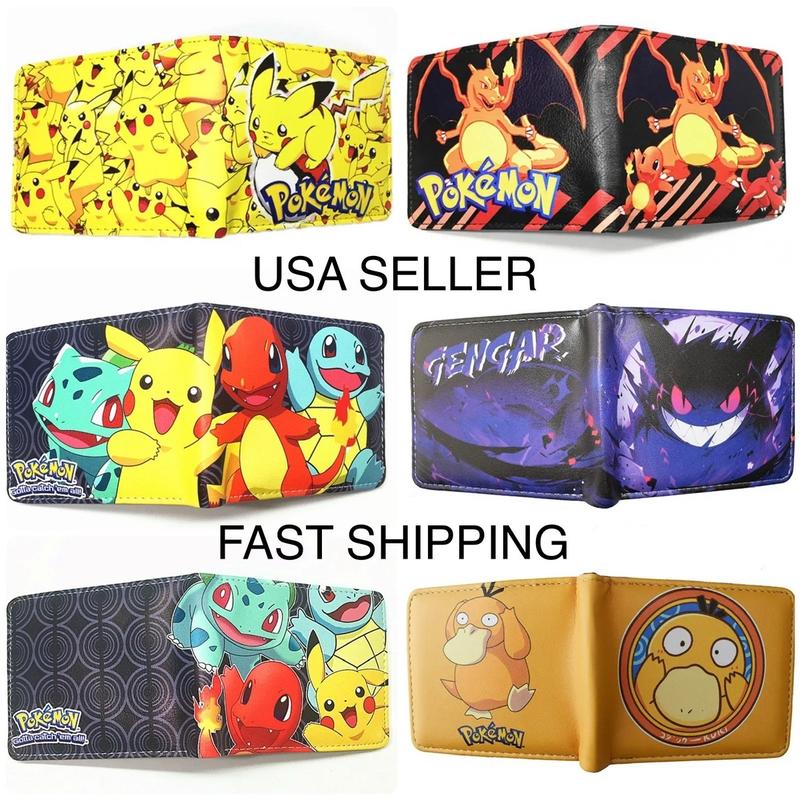 Pokemon Pikachu Wallet - Charmander Bulbasaur Squirtle Wallet - Charizard Wallet - Gengar Wallet - Psyduck Wallet - Card Game Cartoon Anime Collage Trend Style Design Bifold Short Wallet - PU Leather Wallet Cash Credit Card Picture ID Holder