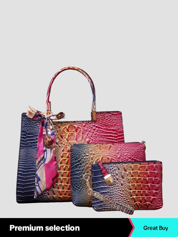 Fashionable Crocodile Embossed Tote Bag & Clutches & Wristlets & Square Organizer Crossbody Bag, Fashionable Bag Set for Summer Daily Use