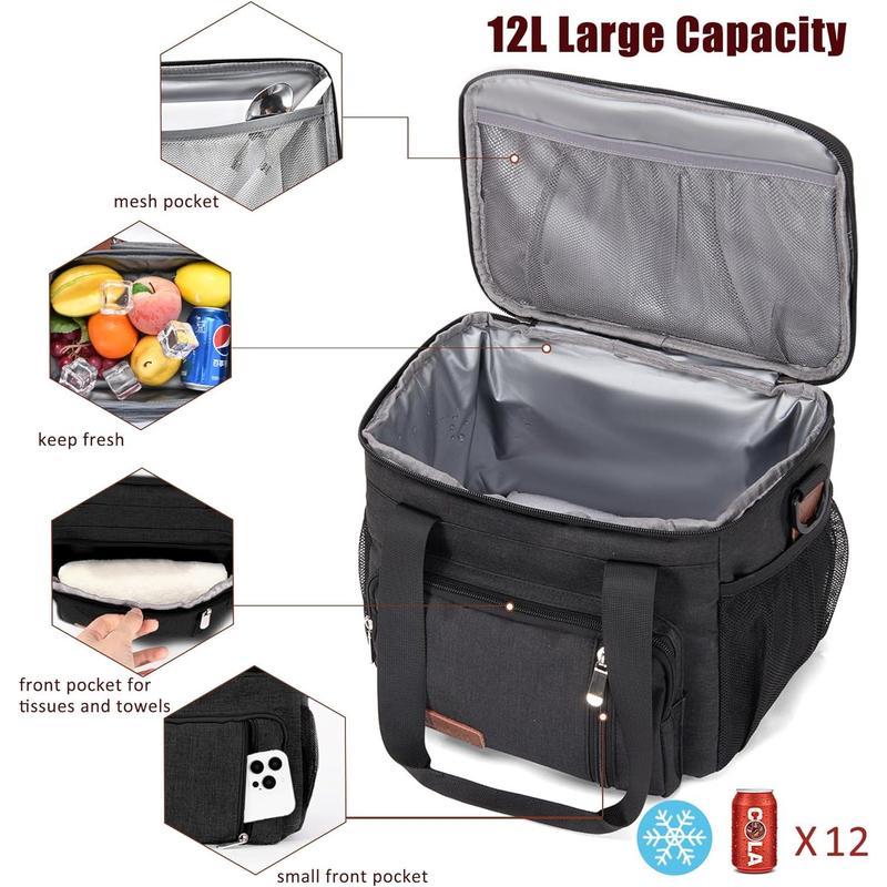 Insulated Lunch Bags for Men Women Lunch Bags Large Lunch Box Leakproof Soft Cooler Tote Bag (Black, 12L)