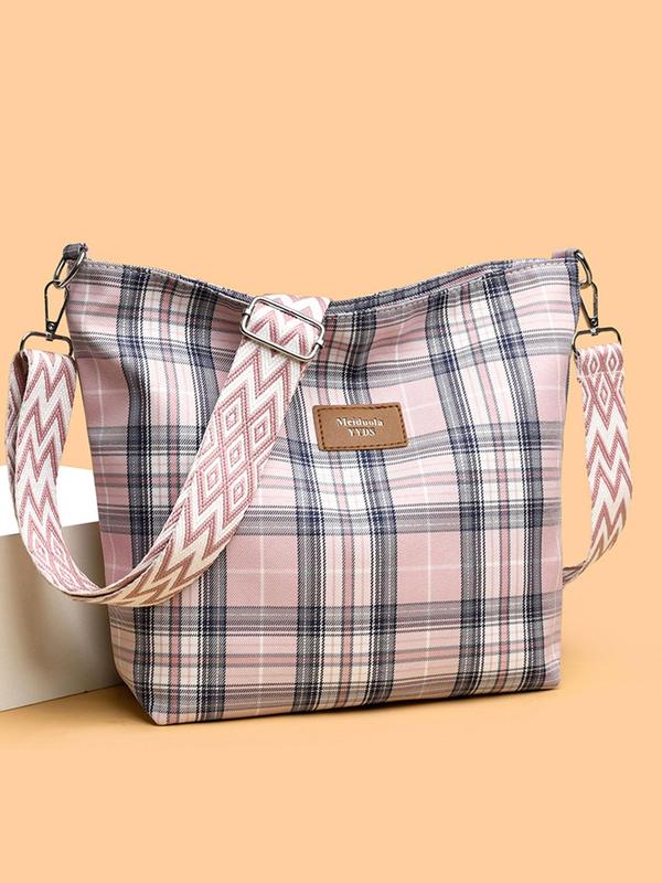 Women's Fashionable Plaid Pattern Crossbody Bag, Casual Versatile Letter Label Decorated Shoulder Bag for Daily Commute & Travel, Trendy All-match Commuter Bag