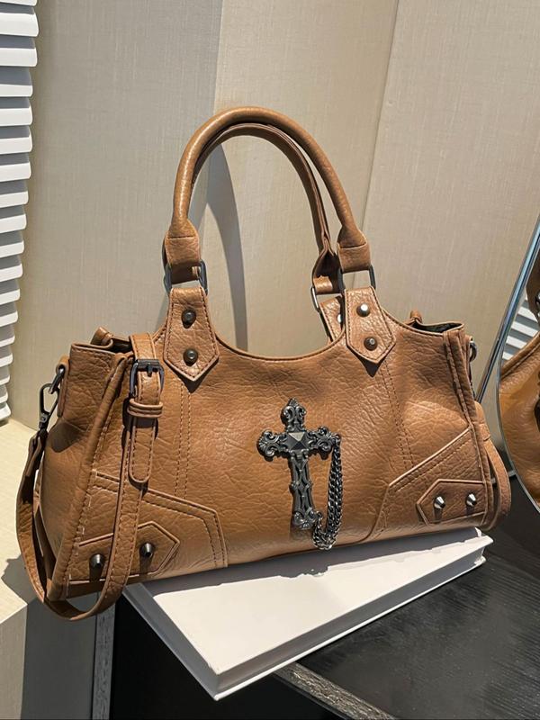 Women's Elegant Retro Cross Charm Decorated Tote Bag, Fashionable Large Capacity Shoulder Bag for Work & Daily Used, Casual Trendy Versatile High-quality Daily Commuting Bag