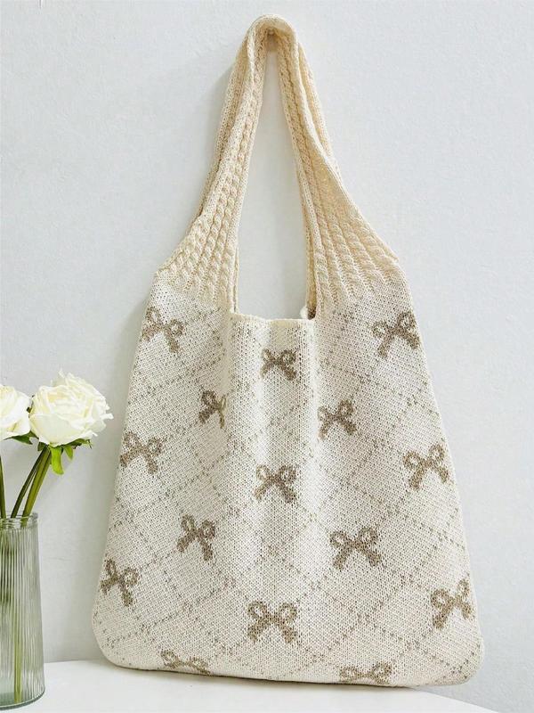 Women's 2024 Summer Bowknot Pattern Crochet Shoulder Bag for Gift, Fashionable Tote Bag for Daily Everyday Beach Vacation Used, Casual Trendy Versatile High-quality Daily Commuting Bag, Fall Outfits, Fall Freshness Fall