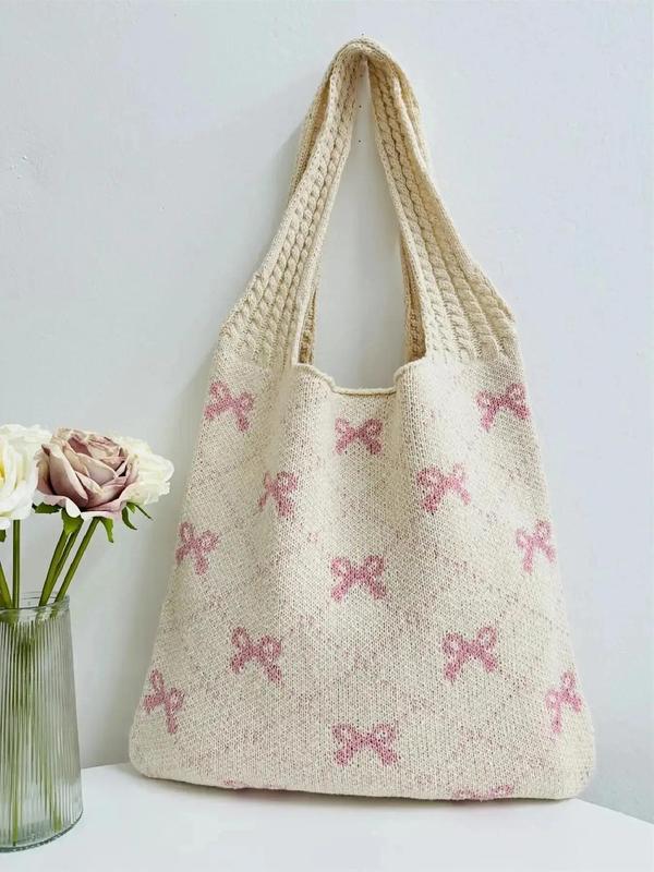 Women's 2024 Summer Bowknot Pattern Crochet Shoulder Bag for Gift, Fashionable Tote Bag for Daily Everyday Beach Vacation Used, Casual Trendy Versatile High-quality Daily Commuting Bag, Fall Outfits, Fall Freshness Fall