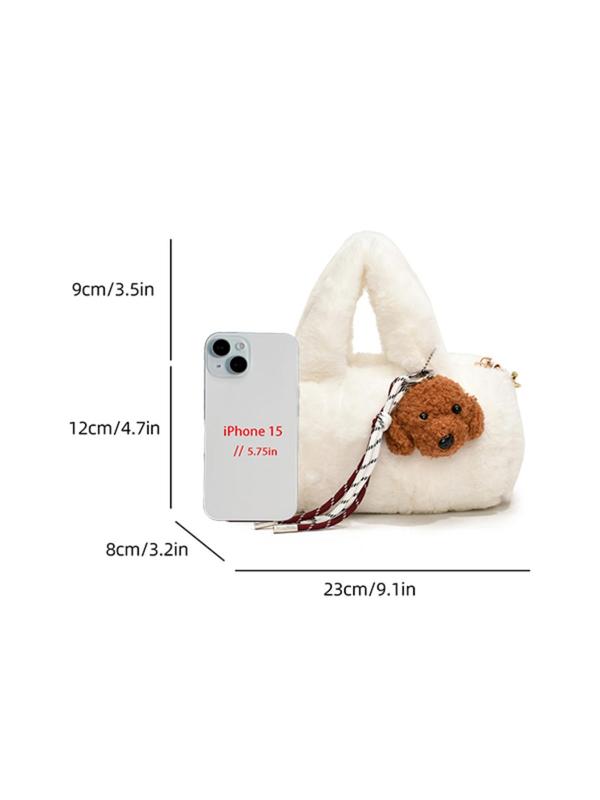 Women's Cute Plush Handbag, 2024 New Style Fashionable Solid Color Handbag with Cute Charm, Casual Versatile Zipper Boston Bag for Daily Used