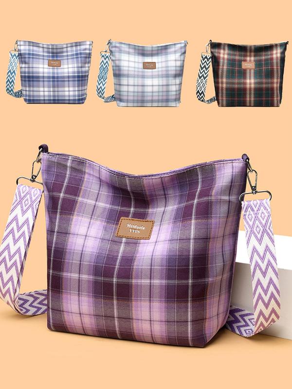 Women's Fashionable Plaid Pattern Crossbody Bag, Casual Versatile Letter Label Decorated Shoulder Bag for Daily Commute & Travel, Trendy All-match Commuter Bag