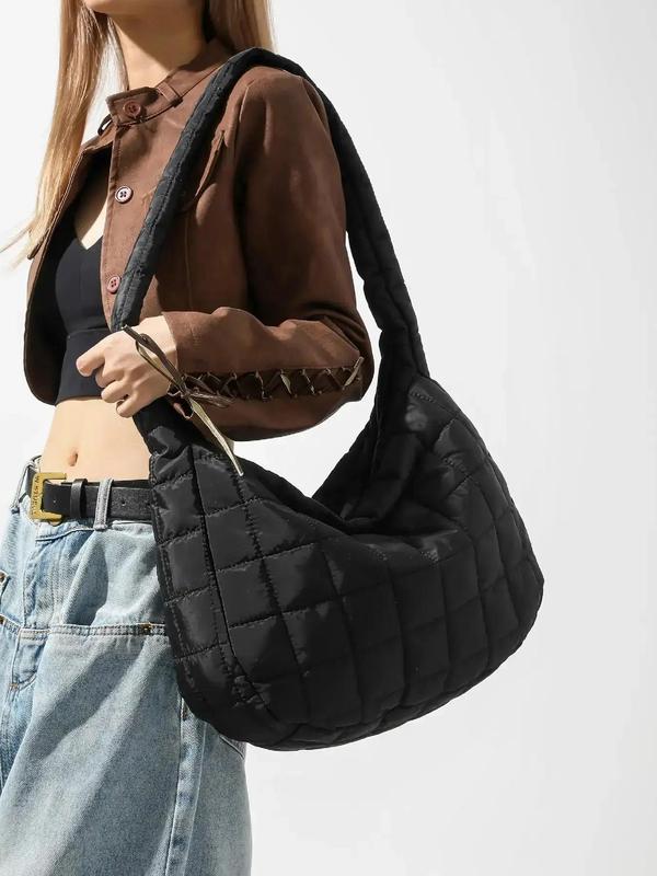 Women's Solid Color Quilted Shoulder Bag, Fashionable Large Capacity Crossbody Bag for Daily Used, Plaid Pattern Shoulder Bag