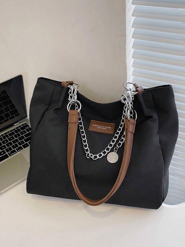 Women's Solid Letter Patch Chain Decor Tote Bag, Casual Large Capacity Shoulder Bag for Daily Used, Casual Trendy Versatile Commuting Bag for Work & School