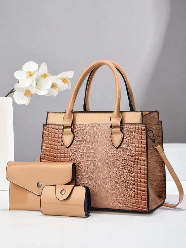 Women's Fashion Crocodile Embossed Handbag Set, Casual Versatile Shoulder Bag with Small Wallet & Coin Purse, Trendy All-match Crossbody Bag for Daily Use, Bags for Women