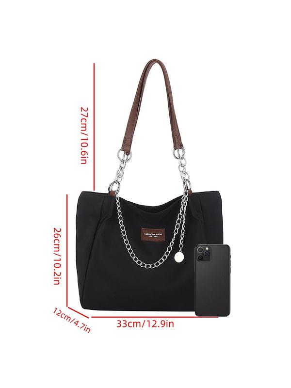 Women's Solid Letter Patch Chain Decor Tote Bag, Casual Large Capacity Shoulder Bag for Daily Used, Casual Trendy Versatile Commuting Bag for Work & School