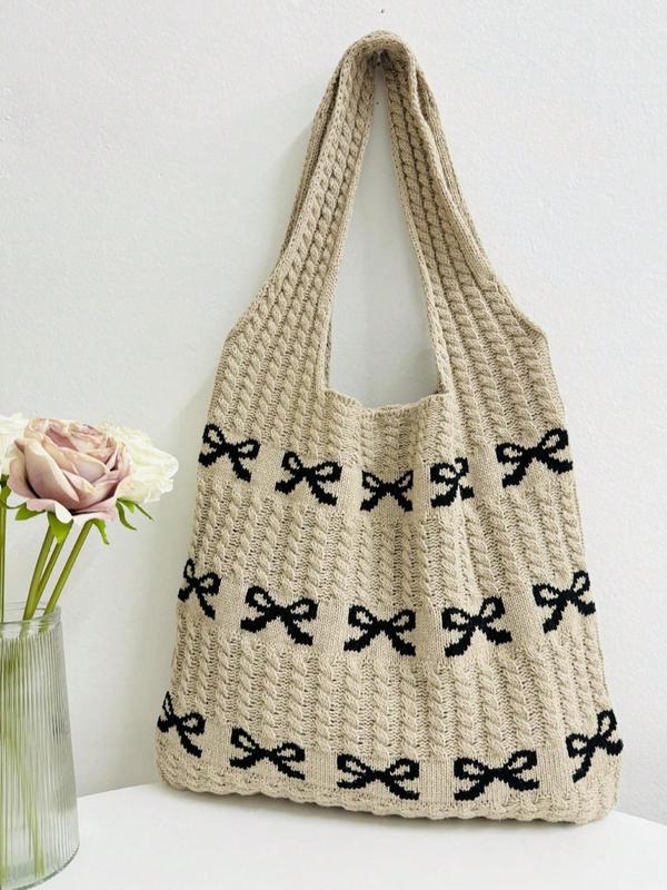 Women's 2024 Summer Bowknot Pattern Crochet Shoulder Bag for Gift, Fashionable Tote Bag for Daily Everyday Beach Vacation Used, Casual Trendy Versatile High-quality Daily Commuting Bag, Fall Outfits, Fall Freshness Fall