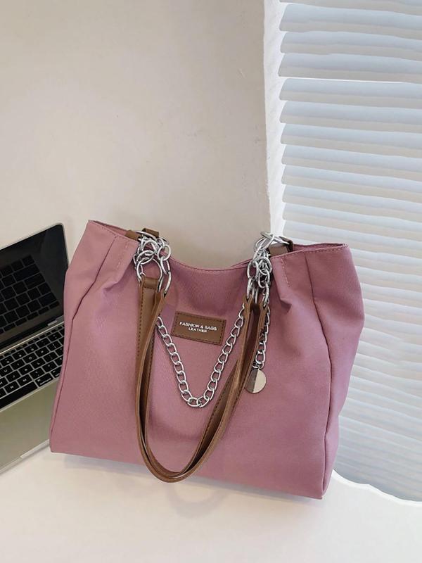 Women's Solid Letter Patch Chain Decor Tote Bag, Casual Large Capacity Shoulder Bag for Daily Used, Casual Trendy Versatile Commuting Bag for Work & School