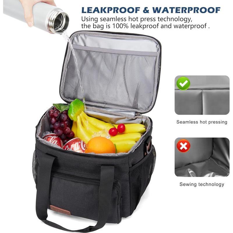 Insulated Lunch Bags for Men Women Lunch Bags Large Lunch Box Leakproof Soft Cooler Tote Bag (Black, 12L)