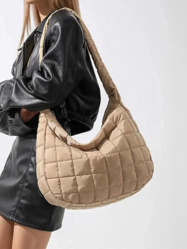 Women's Solid Color Quilted Shoulder Bag, Fashionable Large Capacity Crossbody Bag for Daily Used, Plaid Pattern Shoulder Bag