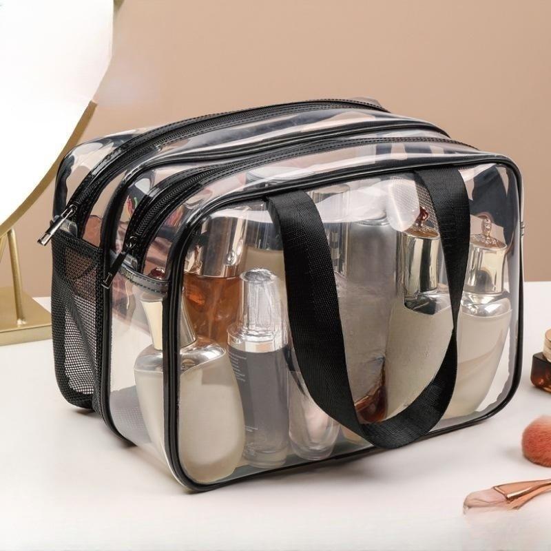 Clear Double-layer Travel Makeup Bag, 1 Count Large Capacity Portable Cosmetic Bag Toiletry Bag, Makeup Organizer, Wet & Dry Uses Zipper Makeup Pouch, Back To School, Christmas Gift