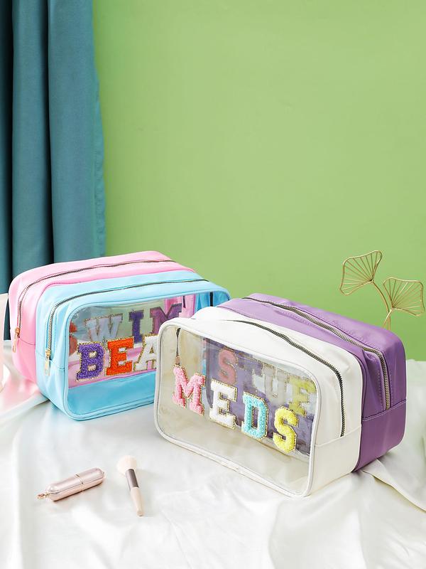 Letter Patched Design Makeup Bag, Large Capacity Cosmetic Storage Bag, Portable Travel Toiletry Bag, Zipper Makeup Organizer Pouch