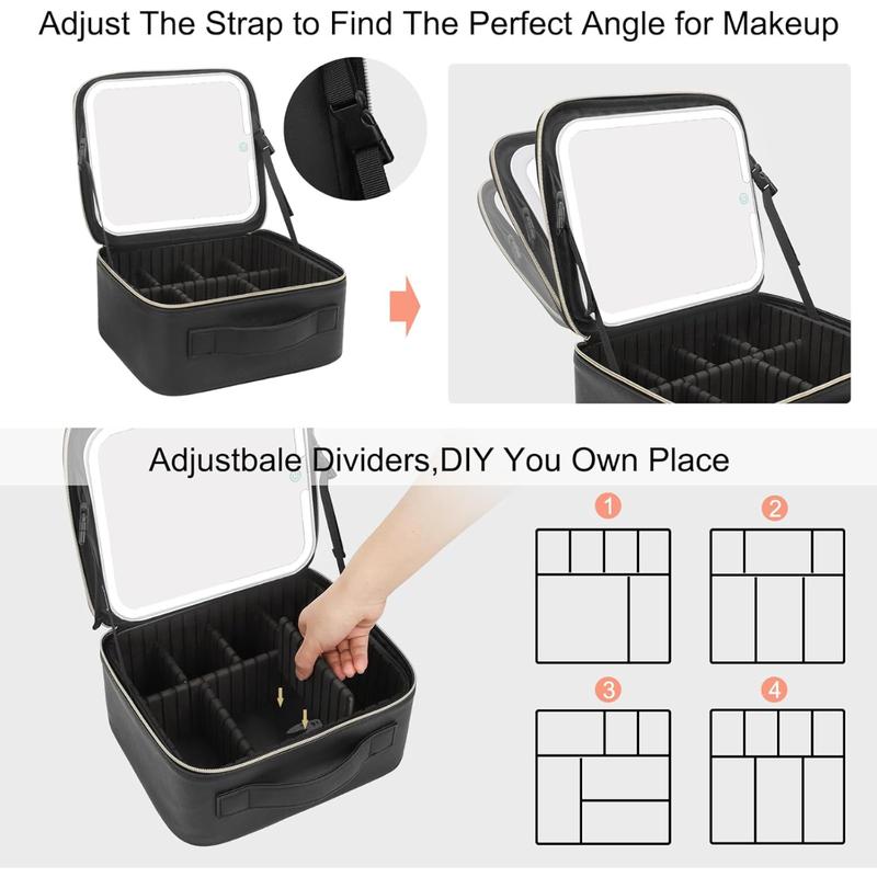 [Fast Delivery] Makeup Bag with LED Mirror, Makeup Case with Lighted Mirror Professional Makeup Artist Organizer Travel Bag with Adjustable Dividers,3 Light Brightness, Black