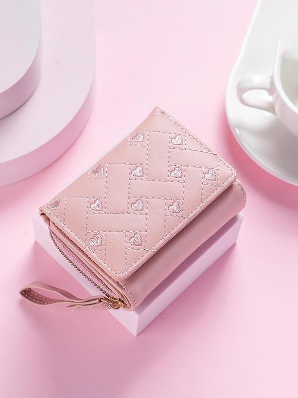 Women's Fashionable Quilted Heart Embroidered Design Short Wallet, Simple Design Pu Leather Zipper Trifold Wallet for Daily Used, Multiple Slots Card Holder