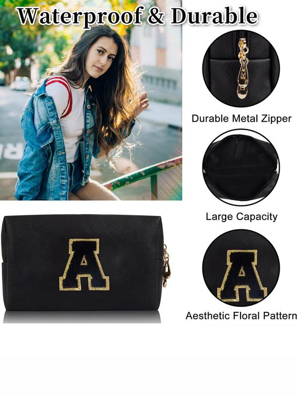 Letter Patch Makeup Bag,  Travel Bag, Portable Chenille Letter Cosmetic Bag with Zipper, Waterproof Travel Toiletry Bag Monogram Make Up Pouch for Women Girls