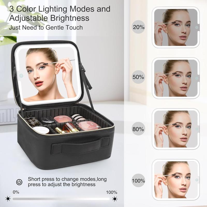 [Fast Delivery] Makeup Bag with LED Mirror, Makeup Case with Lighted Mirror Professional Makeup Artist Organizer Travel Bag with Adjustable Dividers,3 Light Brightness, Black